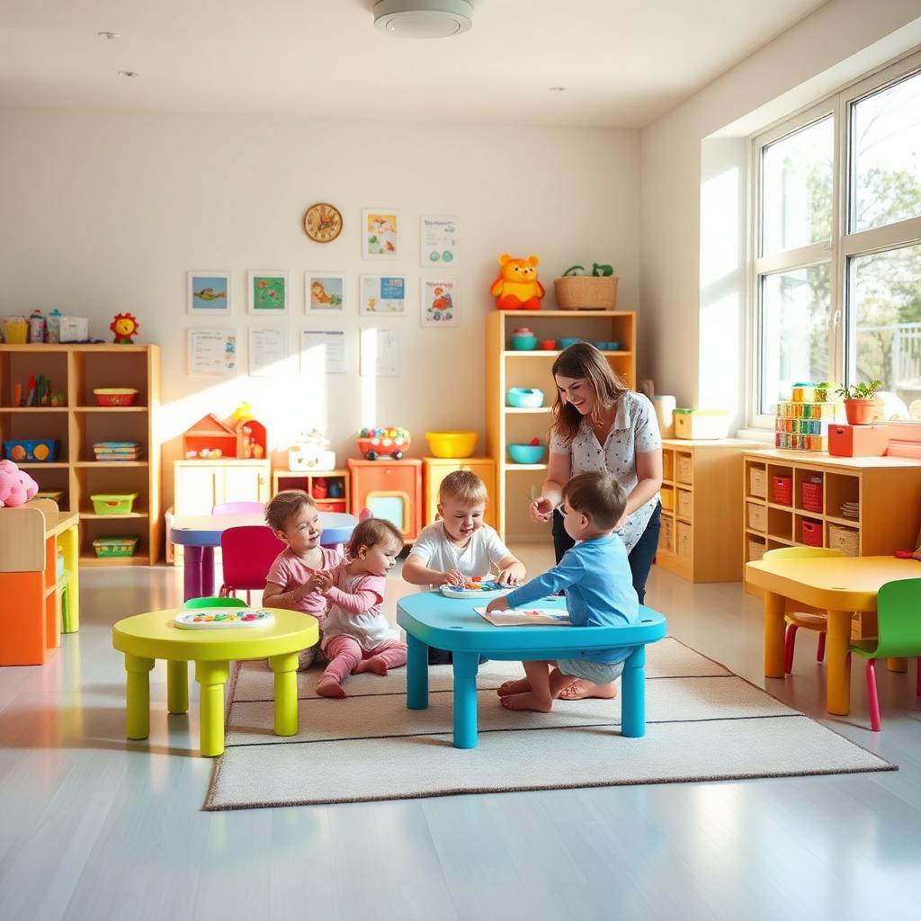 Bright cheerful daycare classroom with a caregiver and young children