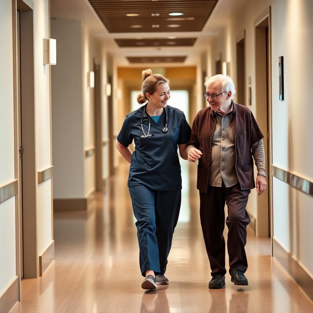 Caregiver assisting a senior resident in an assisted living facility