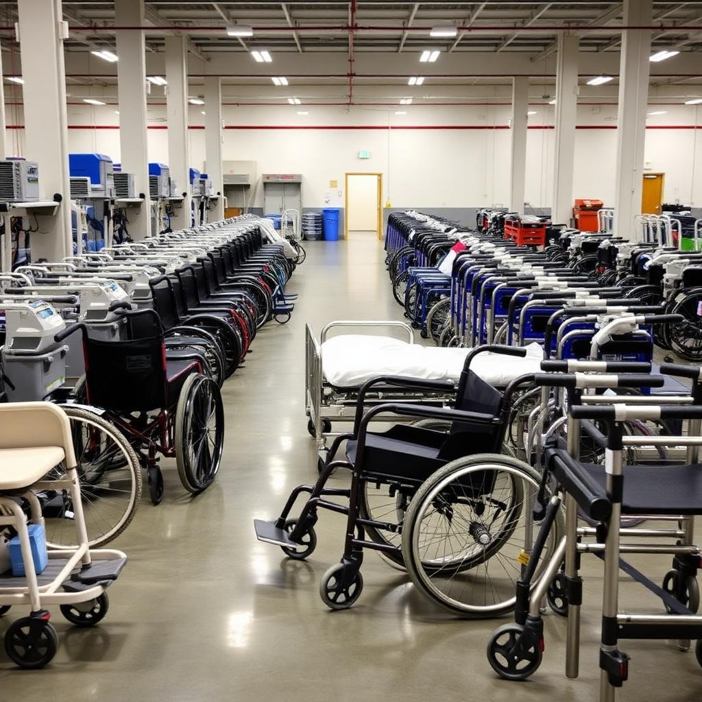 Medical rental equipment including wheelchairs and hospital beds in a warehouse
