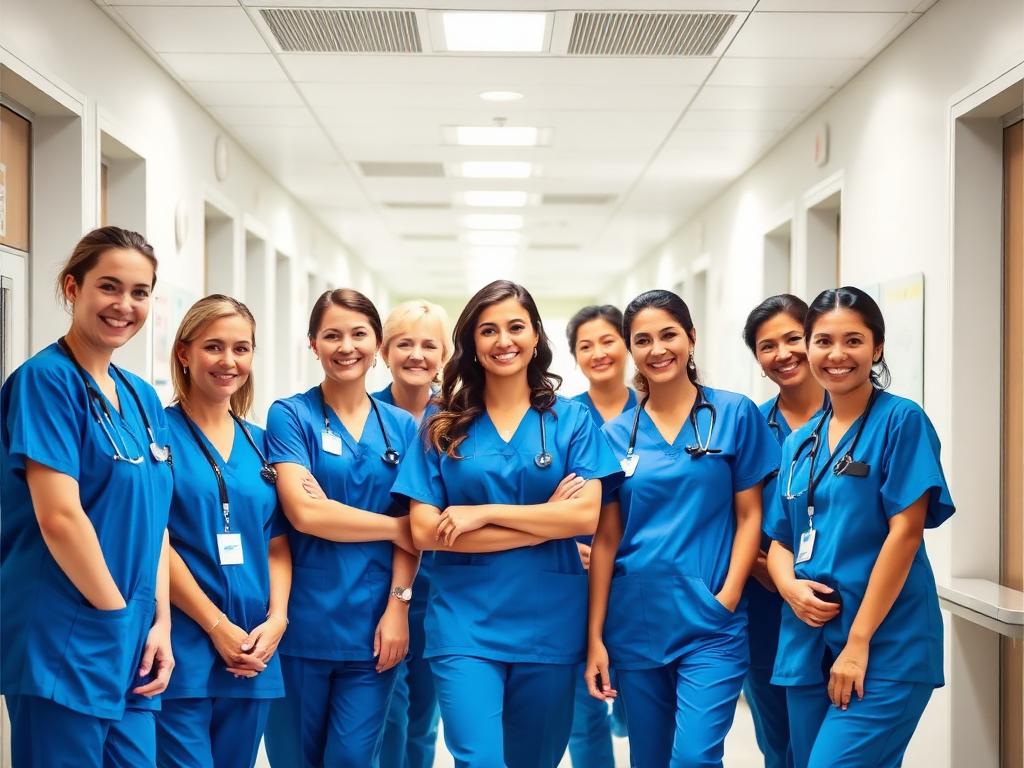 Team of nurses in blue scrubs in a hospital corridor