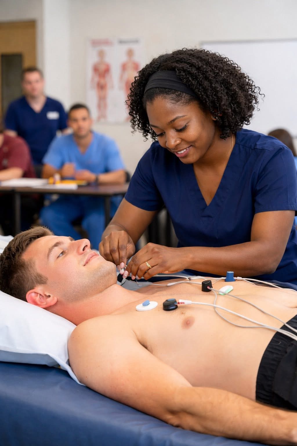 Instructor demonstrating EKG lead placement during a hands-on medical training lab