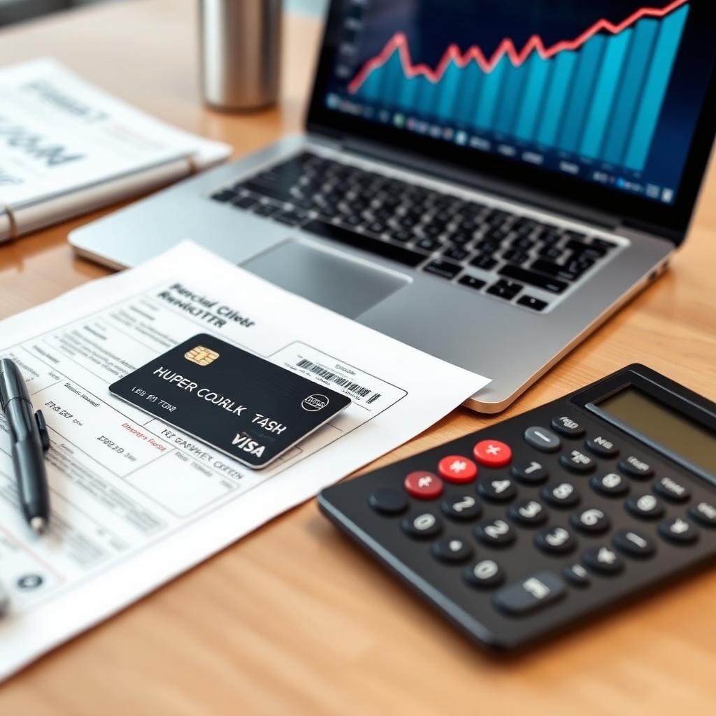 Business financial documents, credit card, and a growth chart