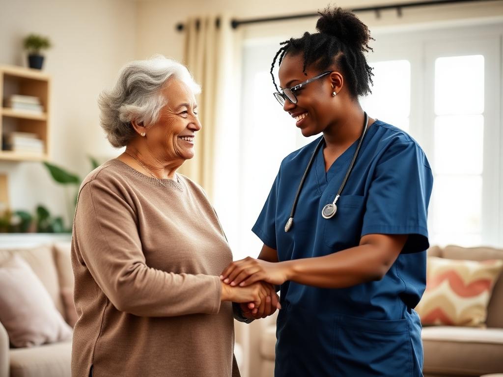 Home caregiver assisting an elderly woman in her living room