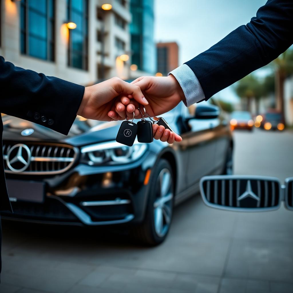 Luxury car with keys being handed over in a premium setting