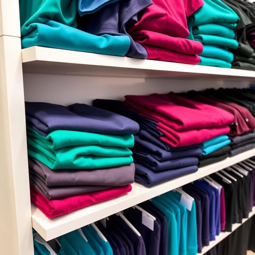 Retail display of colorful medical scrubs on shelves